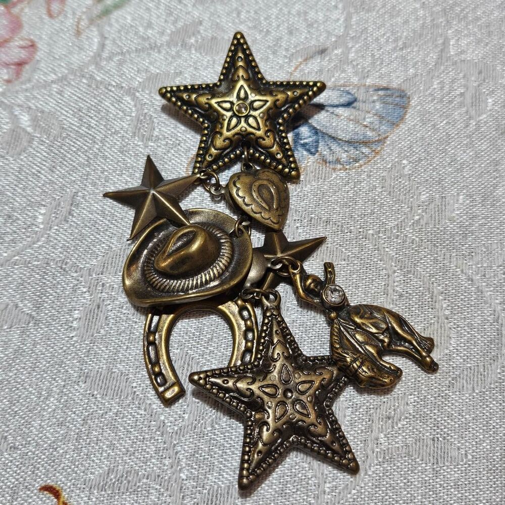 vintage western boho star cowboy hat bronze dangling brooch